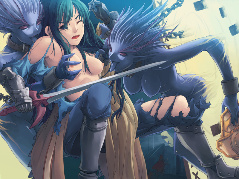 moonshell, crusader (ragnarok online), dark matrix, ragnarok online, 1girl, blue hair, breasts, fff threesome, grabbing another's breast, groping, group sex, imminent rape, knight, medium breasts, monster, monster girl, nipples, rape, sword, threesome, torn clothes, weapon, yuri