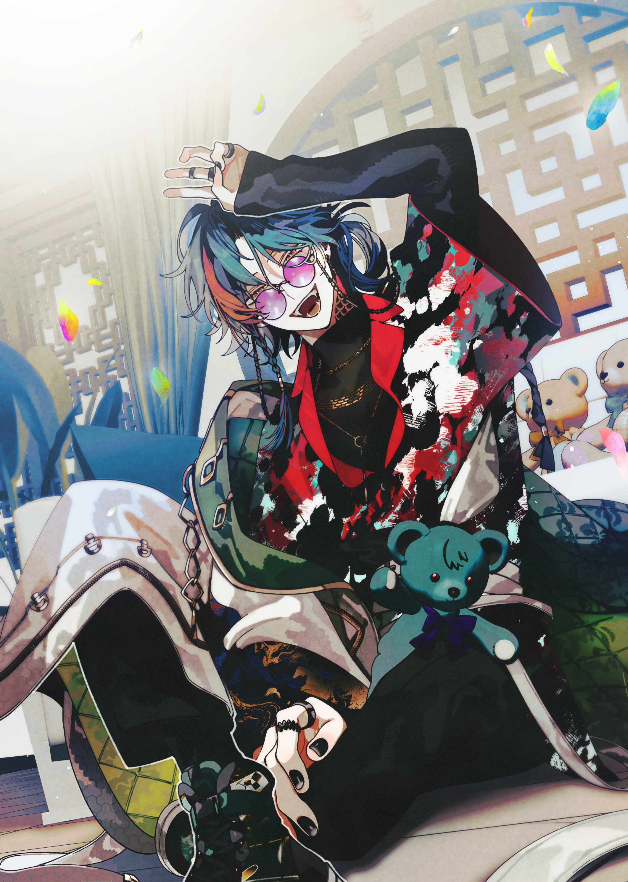 medama p5, kaisei (1st costume) (nijisanji), kaisei (nijisanji), nijisanji, absurdres, highres, 1boy, black pants, black shirt, blue hair, blurry, blurry background, coat, coat partially removed, fangs, hand up, indian style, jewelry, layered sleeves, long hair, long sleeves, male focus, multicolored hair, multiple rings, nail polish, pants, red eyes, red shirt, ring, round eyewear, shirt, short over long sleeves, short sleeves, sitting, sleeves past wrists, smile, solo, streaked hair, sunglasses, undershirt, virtual youtuber, w, white coat
