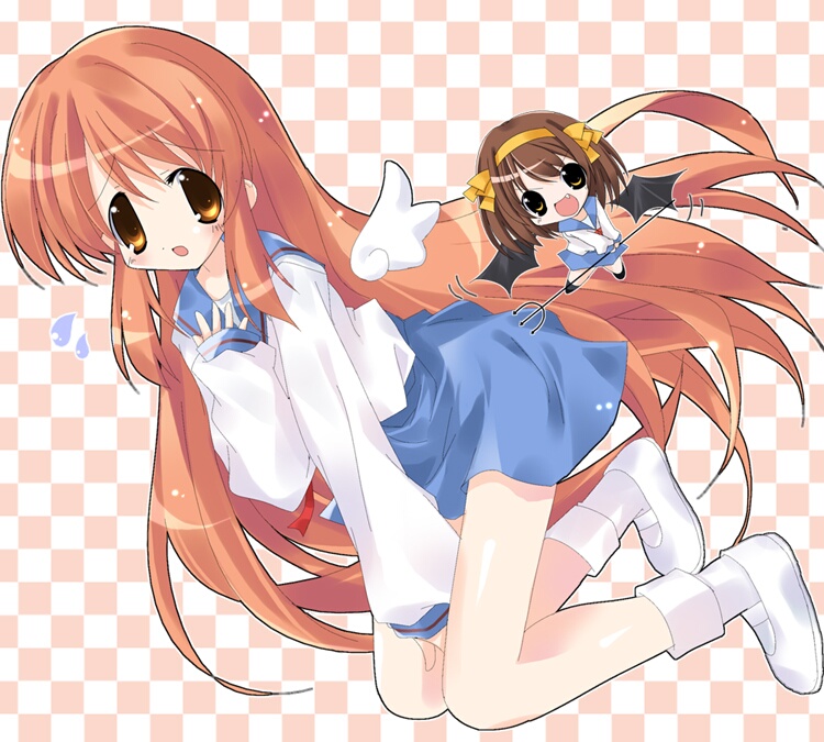 asahina mikuru, suzumiya haruhi, suzumiya haruhi no yuuutsu, non-web source, 00s, 2girls, angel and devil, brown eyes, brown hair, chibi, demon, long hair, multiple girls, school uniform, wings