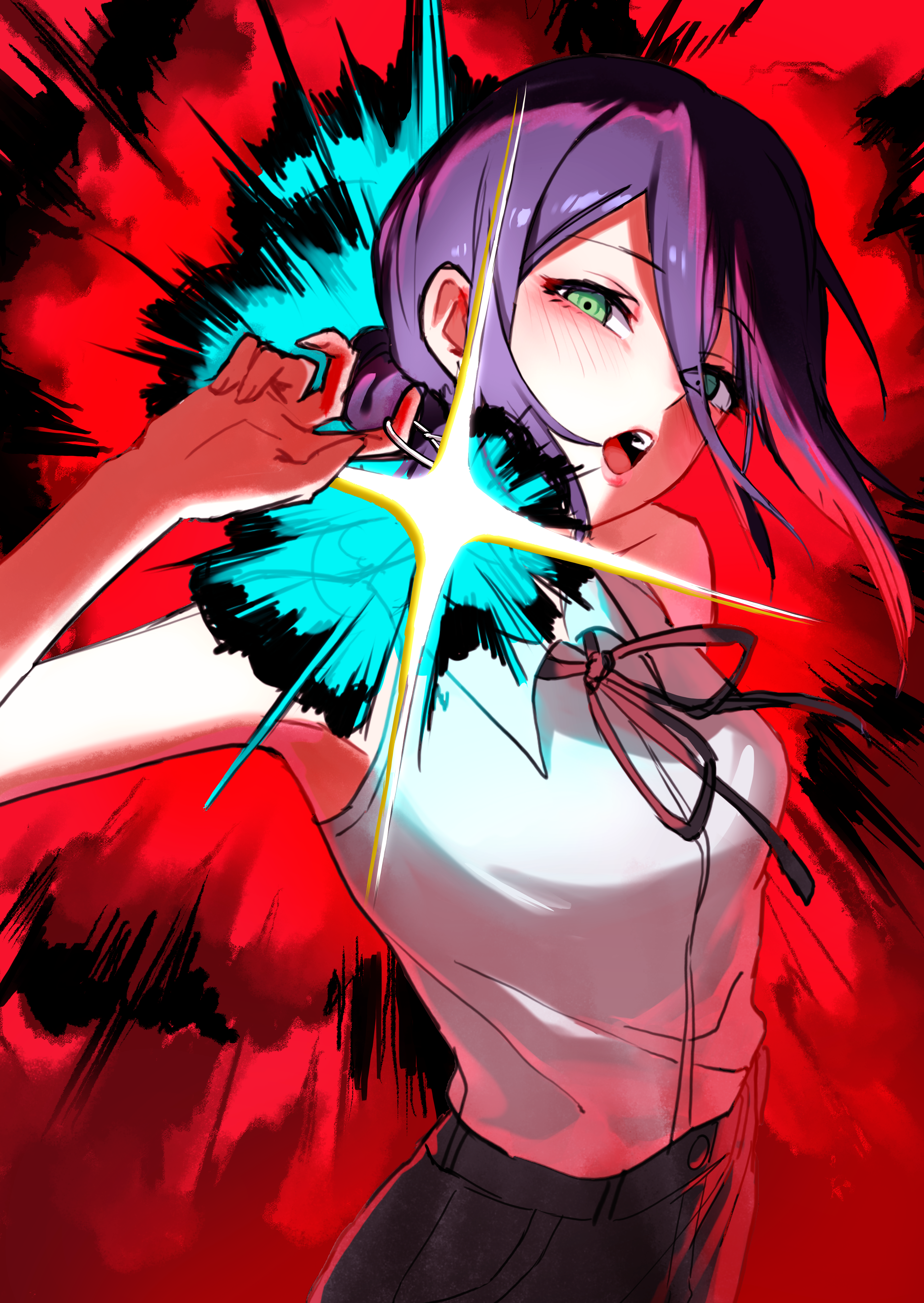 axokim, reze (chainsaw man), chainsaw man, absurdres, highres, 1girl, black ribbon, green eyes, grenade pin, hair between eyes, looking at viewer, neck ribbon, open mouth, purple hair, ribbon, shirt, sleeveless, sleeveless shirt, solo, white shirt