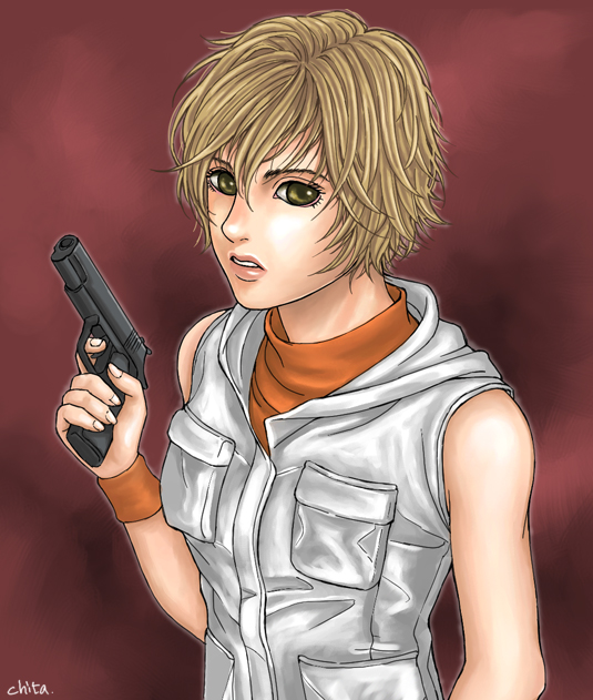 chita (artist), heather mason, silent hill, silent hill (series), silent hill 3, blonde hair, brown eyes, gun, lipstick, makeup, short hair, sleeveless, sleeveless turtleneck, solo, turtleneck, vest, weapon, wristband