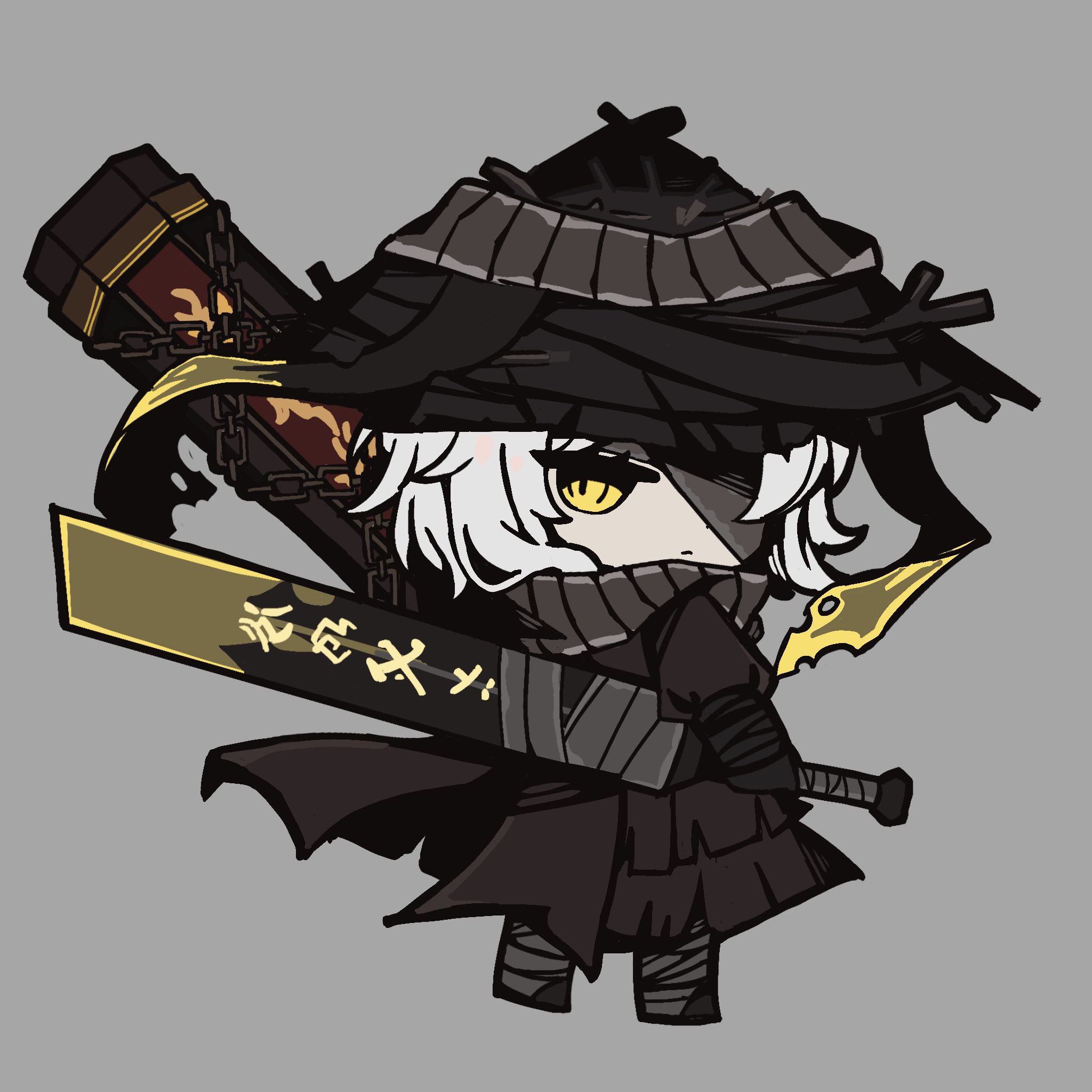 applepie13561, faust (project moon), limbus company, project moon, highres, 1girl, bandage over one eye, bandaged weapon, black hanfu, chain, chinese clothes, closed mouth, conical hat, full body, grey background, grey scarf, hand wraps, hanfu, hat, heishou pack-mao branch (identity) (project moon), looking at viewer, rice hat, scarf, short hair, simple background, solo, standing, sword, sword on back, weapon, weapon on back, white hair, yellow eyes