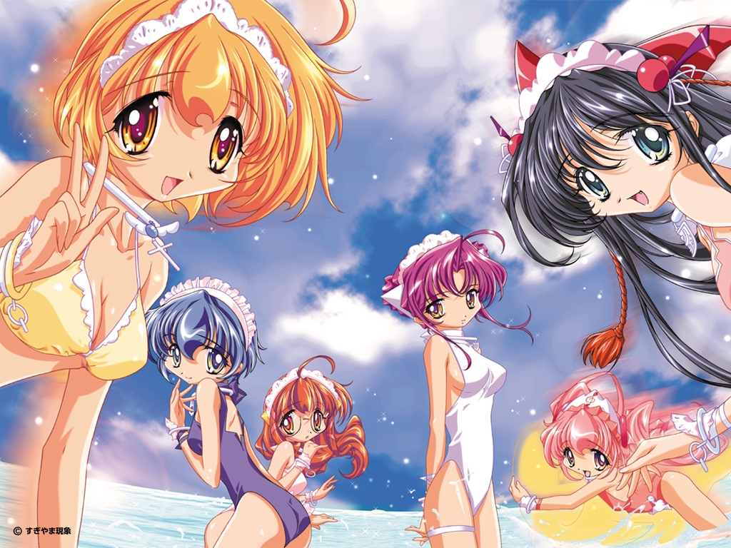 sugiyama genshou, ichigo (maids in dream), karin (maids in dream), nadeshiko (maids in dream), sakura (maids in dream), suzuran (maids in dream), tsubaki (maids in dream), maids in dream, official art, official wallpaper, 00s, 6+girls, :d, age difference, ahoge, animal ears, arms behind back, artist name, ass, bikini, black hair, blue eyes, blue hair, blue one-piece swimsuit, bracelet, breasts, casual one-piece swimsuit, cat ears, cat girl, cleavage, cloud, cross, day, everyone, female focus, flat chest, floating hair, frills, from side, glasses, hair bun, jewelry, leaning forward, lens flare, light smile, long hair, looking at viewer, maid headdress, motion blur, multiple girls, neck ring, ocean, one-piece swimsuit, open mouth, orange eyes, orange hair, outdoors, pink hair, purple hair, red one-piece swimsuit, rimless eyewear, short hair, sideboob, single hair bun, skinny, sky, smile, splashing, standing, swimsuit, tassel, thigh strap, twintails, v, wading, water, wavy hair, white one-piece swimsuit, yellow bikini, yellow eyes