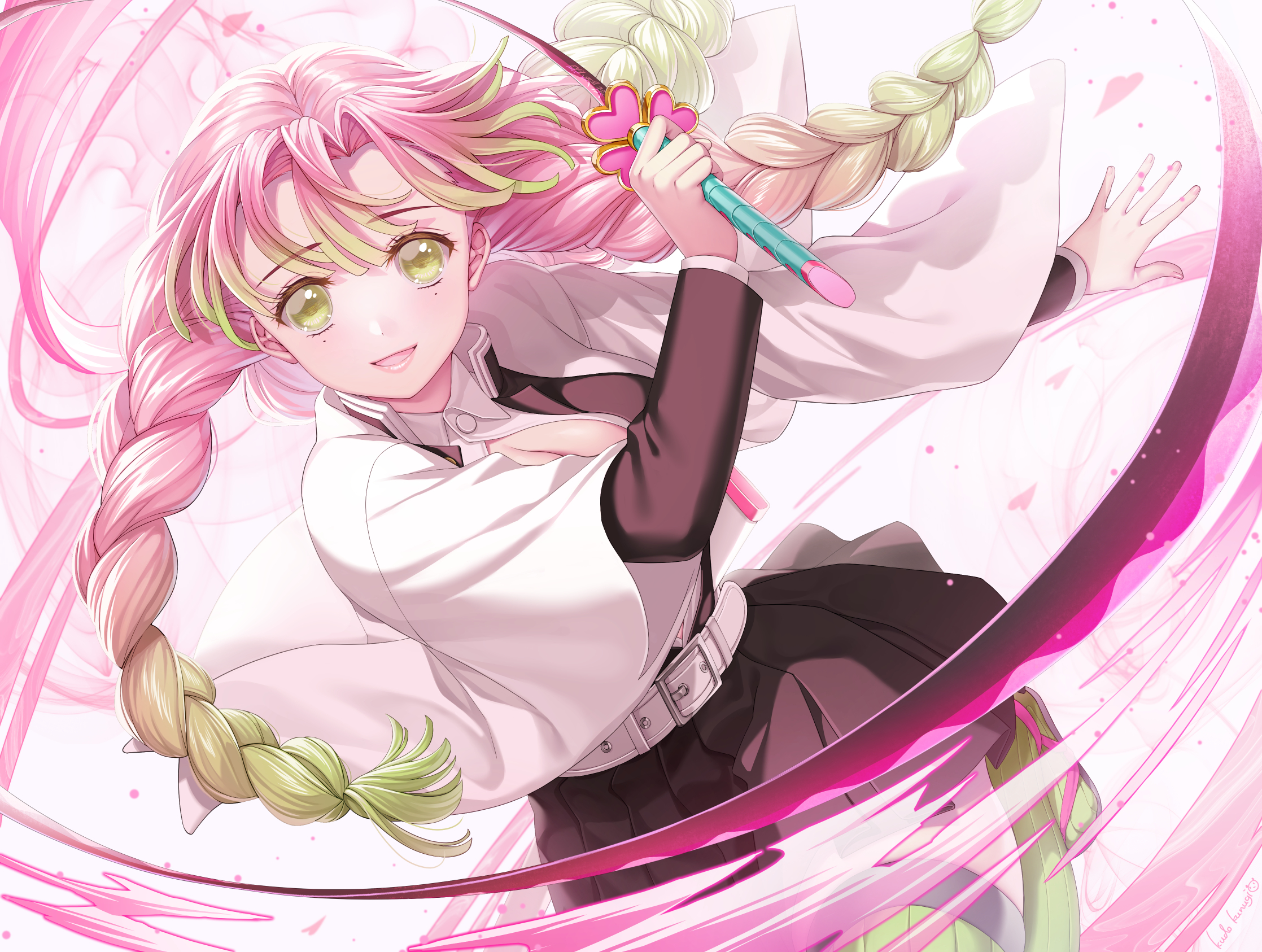 kudo kunugi, kanroji mitsuri, kimetsu no yaiba, commentary request, highres, 1girl, :d, belt, belt buckle, black jacket, black sandals, black skirt, braid, breasts, buckle, cleavage, curtained hair, demon slayer uniform, gradient hair, green eyes, green hair, green thighhighs, haori, jacket, japanese clothes, large breasts, long hair, long sleeves, looking at viewer, mole, mole under each eye, mole under eye, multicolored hair, multiple braids, multiple moles, open mouth, pink hair, pleated skirt, ribbed thighhighs, sandals, shirt, skirt, smile, solo, thighhighs, tri braids, tri tails, two-tone hair, weapon, whip sword, white belt, white haori, white shirt