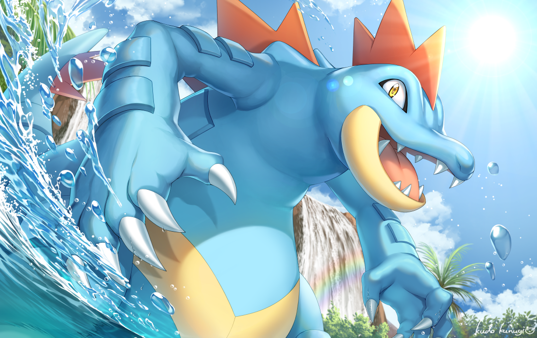 kudo kunugi, feraligatr, nintendo, pokemon, commentary request, artist name, claws, cloud, day, gen 2 pokemon, lens flare, open mouth, outdoors, pokemon (creature), rainbow, sharp teeth, sky, smile, solo, standing, sun, teeth, tongue, wading, water, water drop, waterfall, yellow eyes