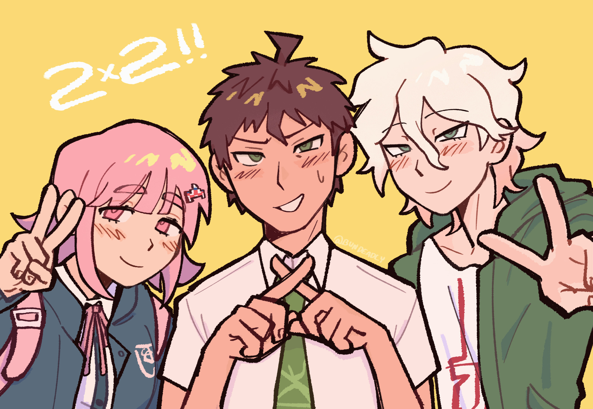 bundeadly, hinata hajime, komaeda nagito, nanami chiaki, danganronpa (series), danganronpa 2: goodbye despair, danganronpa 2×2, commentary, english commentary, highres, 1girl, 2boys, blue jacket, blush, brown hair, closed mouth, collared shirt, eyelashes, fingernails, green eyes, green jacket, green necktie, hair between eyes, hair ornament, hood, hood down, hooded jacket, jacket, multiple boys, neck ribbon, necktie, open clothes, open jacket, pink eyes, pink hair, pink ribbon, ribbon, shirt, short hair, short sleeves, simple background, smile, sweatdrop, v, white hair, white shirt, yellow background