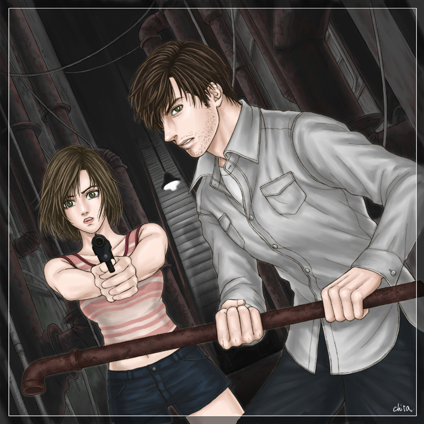 chita (artist), eileen galvin, galvin eileen, henry townshend, silent hill, silent hill (series), silent hill 4: the room, beard stubble, brown eyes, brown hair, denim, denim shorts, facial hair, gun, holding, holding lead pipe, lead pipe, mustache stubble, short hair, shorts, stubble, tank top, weapon