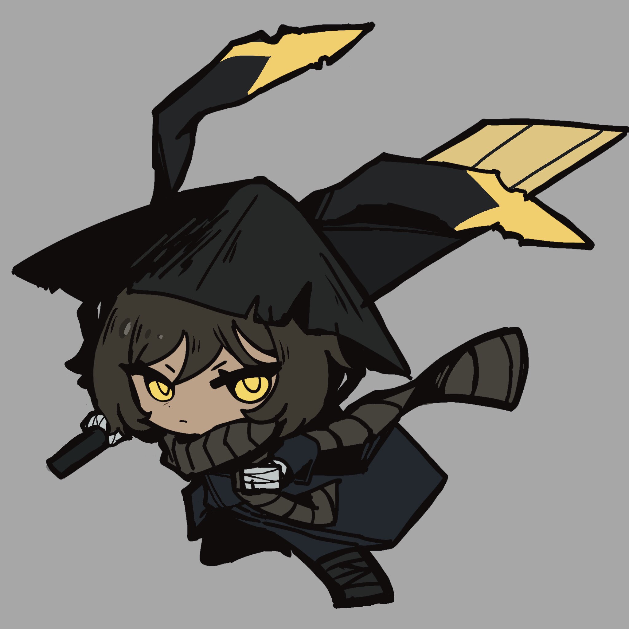 applepie13561, outis (project moon), limbus company, project moon, highres, 1girl, black hanfu, brown hair, chibi, chinese clothes, closed mouth, conical hat, dark-skinned female, dark skin, full body, grey background, grey scarf, hand wraps, hanfu, hat, heishou pack-mao branch (identity) (project moon), holding, holding sword, holding weapon, long sleeves, looking at viewer, rice hat, scarf, short hair, simple background, solo, standing, sword, weapon, yellow eyes