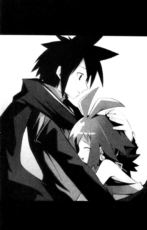 ash (phantom brave), marona (phantom brave), nippon ichi, phantom brave, 1boy, 1girl, greyscale, hetero, hug, monochrome, tears