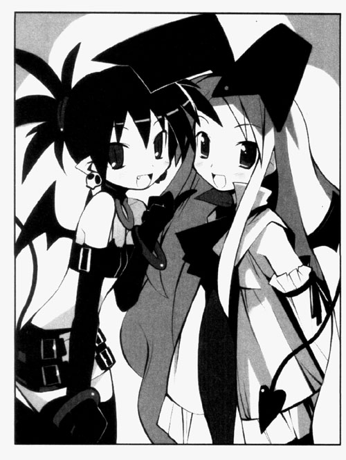 etna (disgaea), flonne, flonne (fallen angel), disgaea, nippon ichi, 2girls, :d, bat wings, belt, blush, buckle, demon tail, greyscale, hat, heart, long hair, looking at viewer, midriff, monochrome, multiple girls, navel, open mouth, sidelocks, smile, stomach, tail, tareme, very long hair, wings