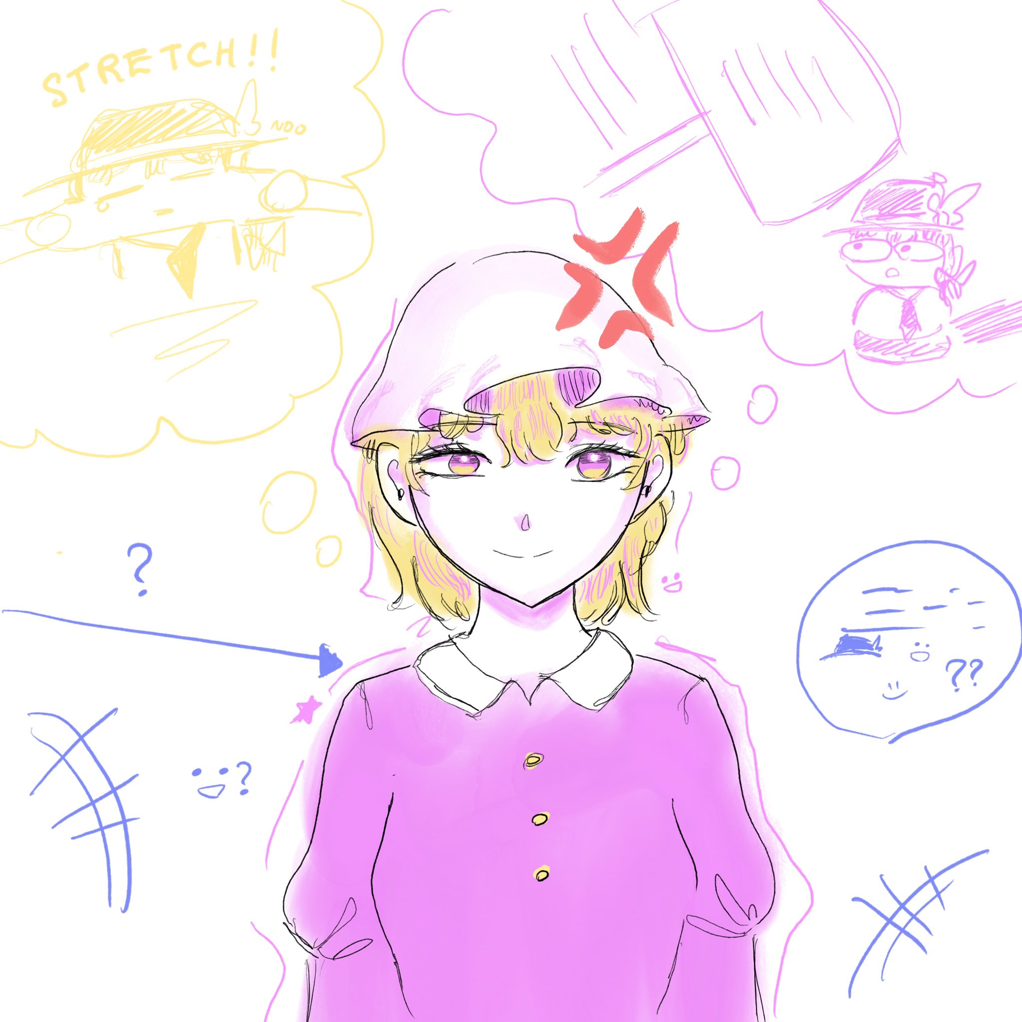 usami renko, touhou, highres, 2girls, :d, ?, anger vein, black hair, black hat, blonde hair, bow, bowtie, cheek pull, collar, dress, fedora, hair between eyes, hat, hat bow, imminent hit, long sleeves, mob cap, multicolored eyes, multiple girls, open mouth, puffy long sleeves, puffy sleeves, purple dress, purple eyes, short hair, simple background, smile, solo focus, speech bubble, spoken anger vein, star (symbol), tears, thinking, thought bubble, white background, white collar, white hat, wrell, yellow eyes