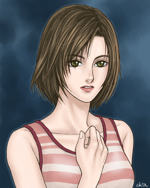 chita (artist), eileen galvin, silent hill, silent hill (series), silent hill 4: the room, brown eyes, brown hair, lipstick, makeup, short hair, solo, tank top