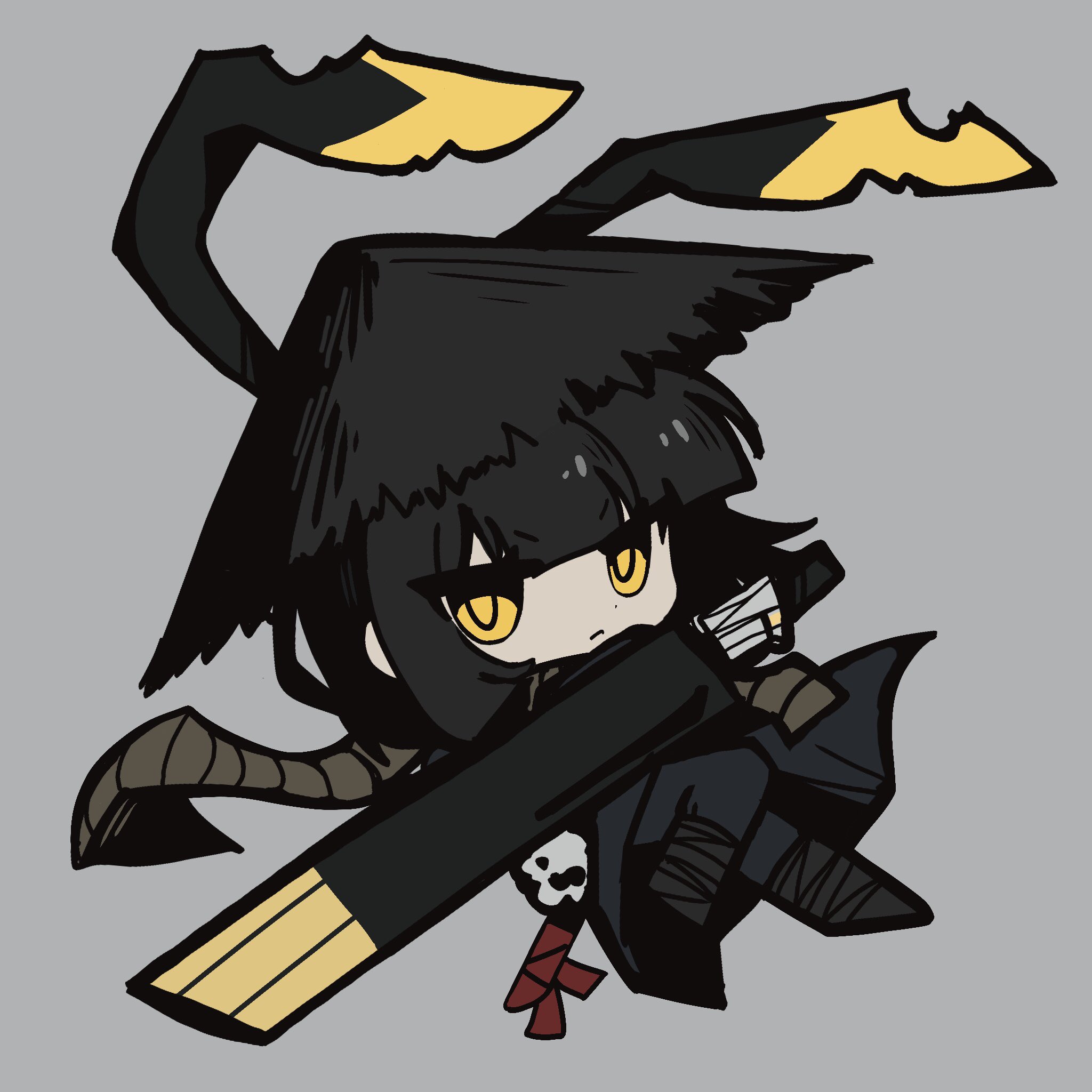 applepie13561, ryoshu (project moon), limbus company, project moon, highres, 1girl, black hair, black hanfu, bob cut, chibi, chinese clothes, closed mouth, conical hat, full body, grey background, grey scarf, hand wraps, hanfu, hat, heishou pack-mao branch (identity) (project moon), looking at viewer, rice hat, scarf, short hair, simple background, solo, standing, yellow eyes