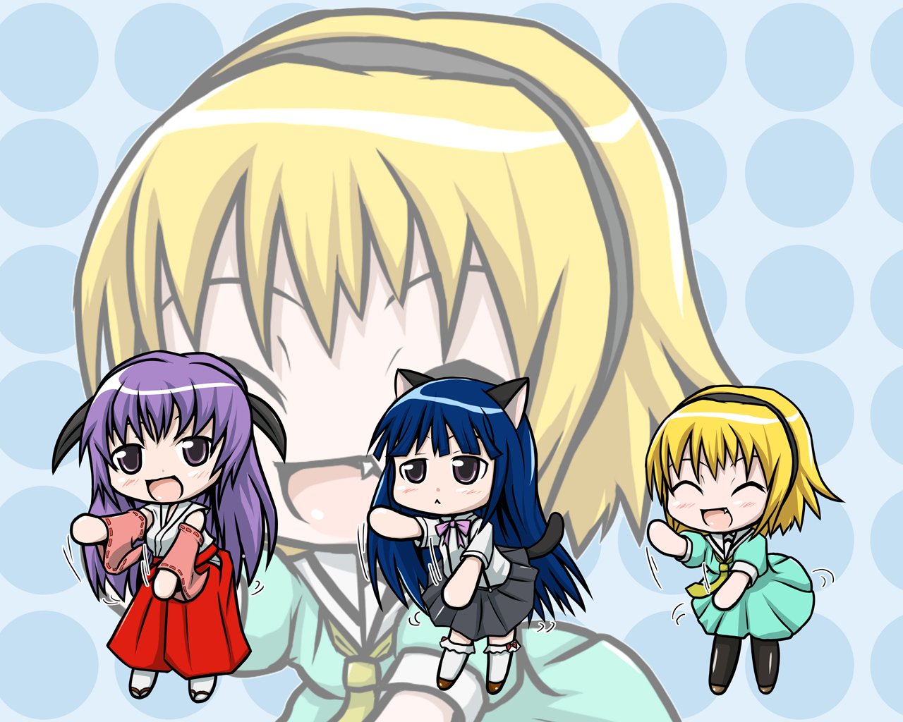 fujiko (tougemine), furude rika, hanyuu, houjou satoko, higurashi no naku koro ni, kodomo no jikan, 3girls, animal ears, black eyes, blonde hair, blue hair, cat ears, cat tail, chibi, closed eyes, dancing, fang, green skirt, hairband, hakama, hakama skirt, horns, japanese clothes, lineup, long hair, miko, multiple girls, pantyhose, parody, purple eyes, purple hair, red hakama, school uniform, serafuku, short hair, skirt, tail, zoom layer