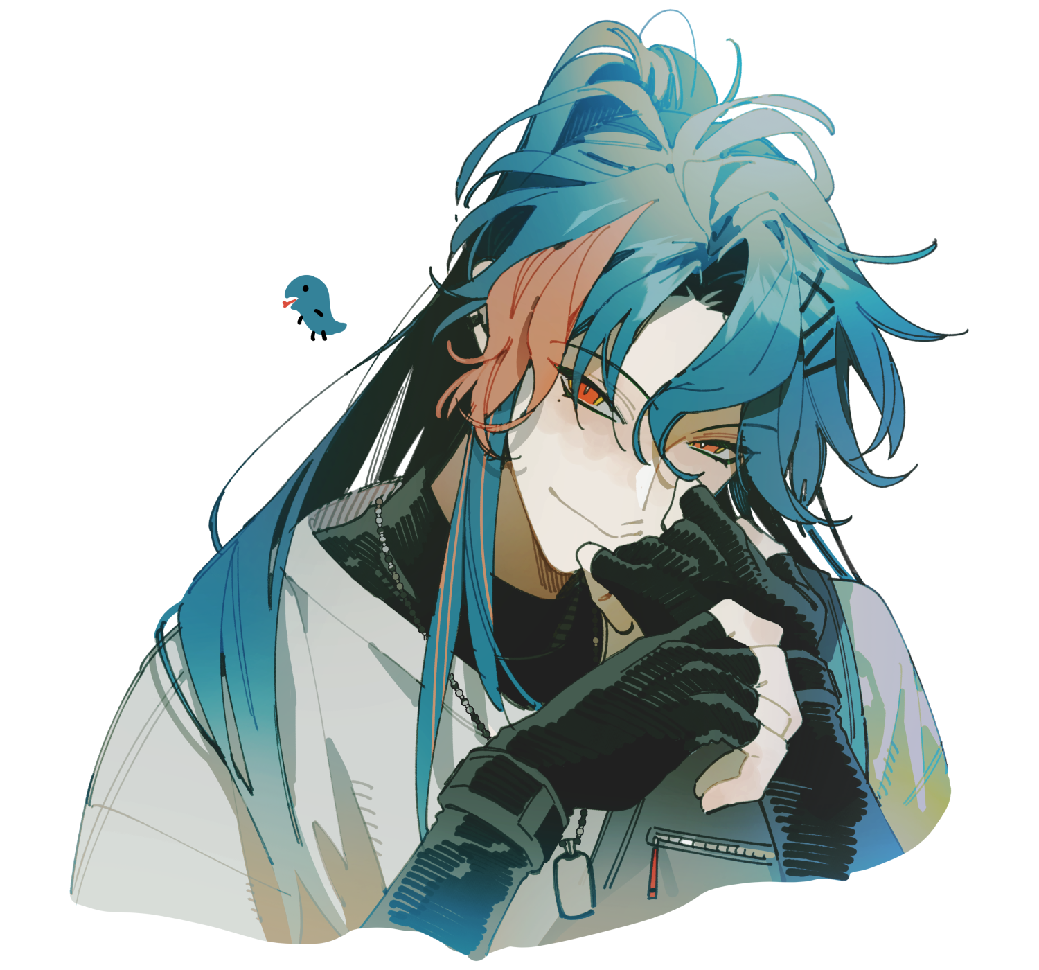 medama p5, kaisei (2nd costume) (nijisanji), kaisei (nijisanji), nijisanji, highres, 1boy, black gloves, black shirt, closed mouth, fingerless gloves, gloves, hair ornament, hairclip, long hair, long sleeves, looking at viewer, male focus, multicolored hair, official alternate costume, ponytail, red eyes, shirt, simple background, smile, solo, streaked hair, undershirt, upper body, virtual youtuber, white background, white shirt, x hair ornament