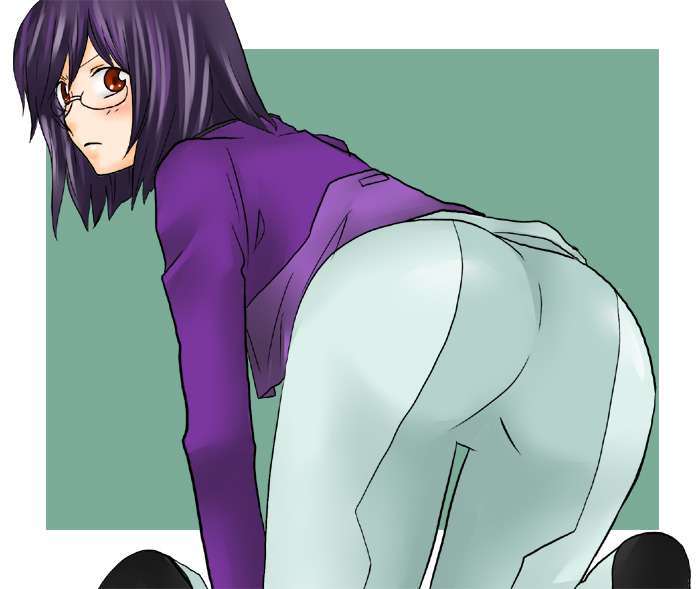 hashiko, karikura hashiko, tieria erde, gundam, gundam 00, 00s, 1boy, ass, bent over, glasses, looking back, male focus, pants, purple hair, short hair, solo