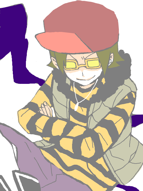 mzd, bemani, pop'n music, bad id, bad pixiv id, 1boy, baseball cap, crossed arms, evil smile, fur trim, glasses, goggles, hat, jewelry, looking at viewer, looking back, male focus, necklace, pendant, shaded face, shirt, simple background, smile, solo, striped clothes, striped shirt, vest, white background