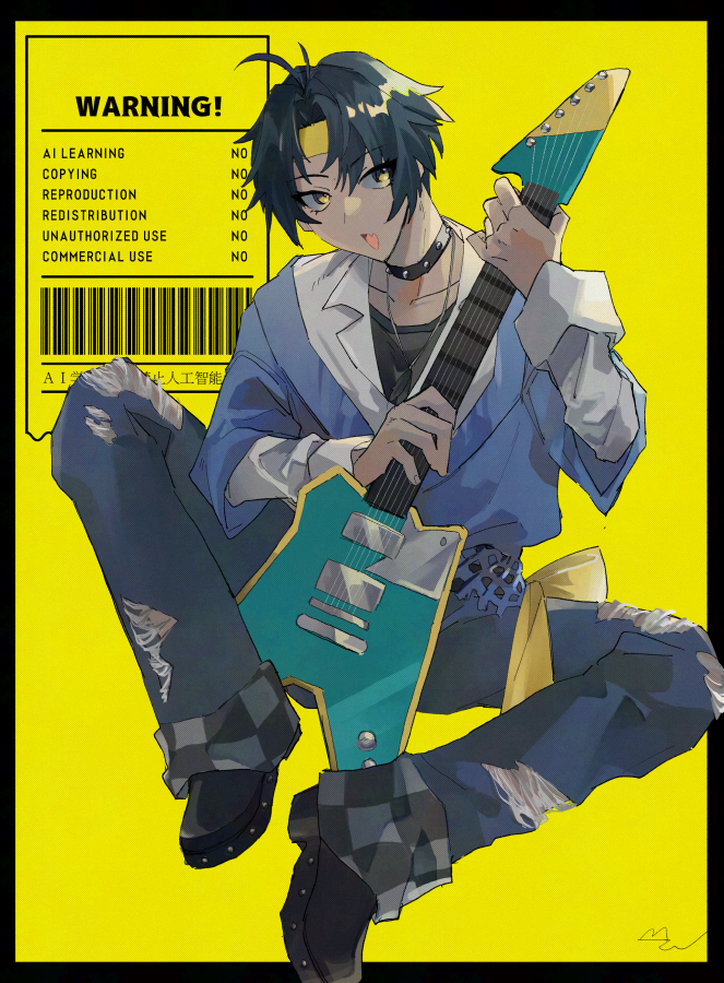 asaba harumasa, zenless zone zero, 1boy, a saba xa, barcode, black hair, black shirt, black shoes, blue sweater, collar, denim, electric guitar, guitar, head tilt, headband, holding, holding guitar, holding instrument, instrument, jeans, jewelry, looking to the side, necklace, open mouth, pants, pants rolled up, shirt, shoes, short hair, sitting, solo, spiked collar, spikes, spread legs, sweater, torn clothes, torn jeans, torn pants, white shirt, yellow background, yellow eyes, yellow headband