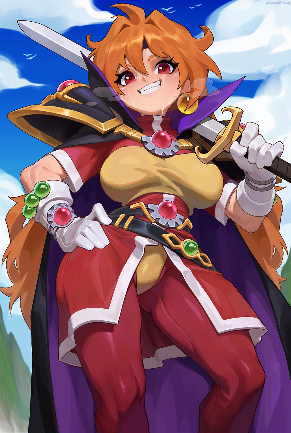 reagan long, lina inverse, slayers, highres, 1girl, armor, black cape, blue sky, breasts, cape, cloud, day, dress, feet out of frame, gloves, hand on own hip, holding, holding sword, holding weapon, long hair, looking at viewer, medium breasts, orange hair, pants, purple cape, red dress, red eyes, red pants, shoulder armor, sky, solo, standing, sword, weapon, white gloves