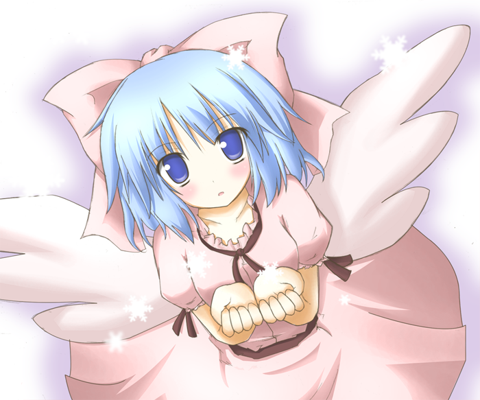 gorujitai, mai (touhou), mystic square, touhou, touhou (pc-98), 1girl, blue eyes, blue hair, bow, female focus, hair bow, hair ribbon, matching hair/eyes, ribbon, snow, solo, wings, witch