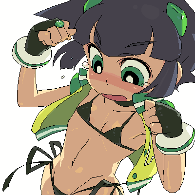 minawa, matsubara kaoru, powered buttercup, powerpuff girls, powerpuff girls z, lowres, 00s, 1girl, bikini, black bikini, black hair, female focus, fingerless gloves, flat chest, gloves, green eyes, navel, oekaki, short hair, solo, swimsuit, tears