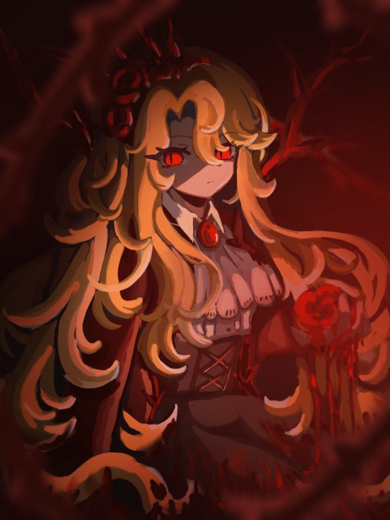 applepie13561, don quixote (project moon), sancho (project moon), limbus company, project moon, 1girl, ascot, black corset, blonde hair, blood, coat, collared shirt, corset, e.g.o (project moon), flower, gem, hair flower, hair ornament, head spikes, long hair, long sleeves, looking at viewer, parted bangs, red background, red coat, red eyes, red flower, red gemstone, red rose, rose, shirt, simple background, solo, thorns, upper body, white ascot, white shirt, yearning-mircalla (e.g.o)