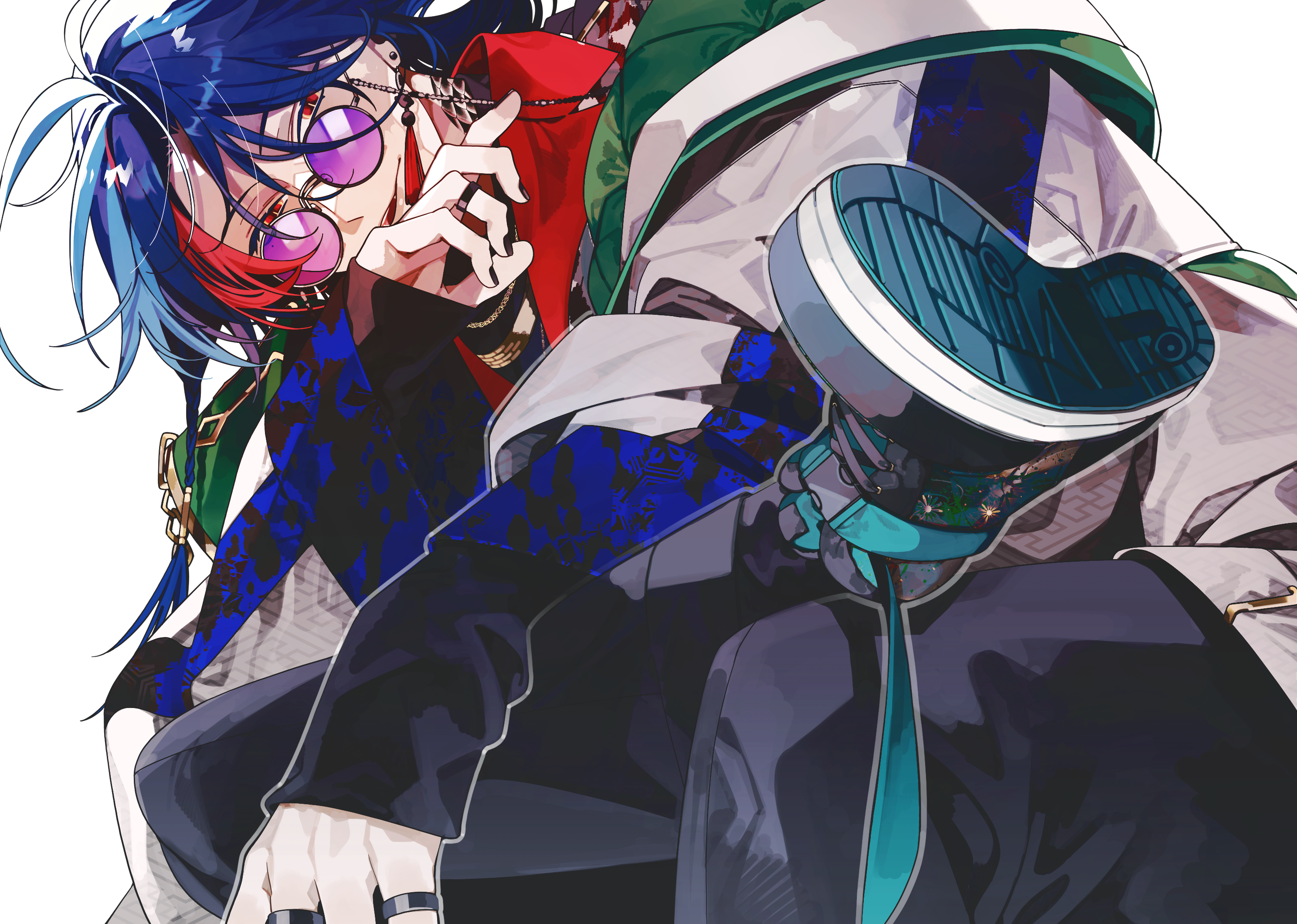 medama p5, kaisei (1st costume) (nijisanji), kaisei (nijisanji), nijisanji, highres, 1boy, black pants, black shirt, blue hair, coat, earrings, figure four sitting, jewelry, looking at viewer, male focus, multicolored hair, nail polish, pants, red eyes, ring, round eyewear, shirt, simple background, sitting, sleeves past wrists, smile, solo, streaked hair, sunglasses, tassel, tassel earrings, virtual youtuber, white background, white coat