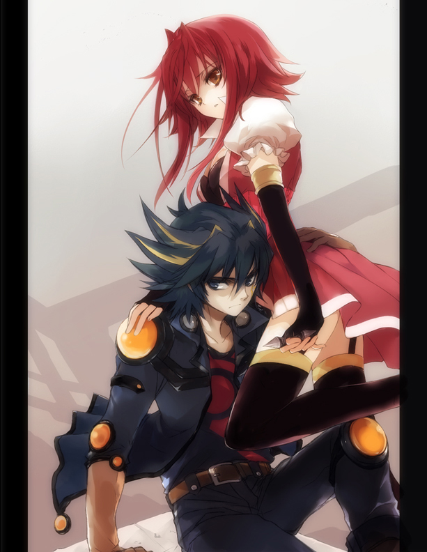 ni (2shi), fudo yusei, izayoi aki, yu-gi-oh!, yu-gi-oh! 5d's, bad id, bad pixiv id, 00s, 1boy, 1girl, artistic error, black hair, blue eyes, elbow gloves, fingerless gloves, gloves, multicolored hair, orange eyes, red hair, short hair, streaked hair, thighhighs