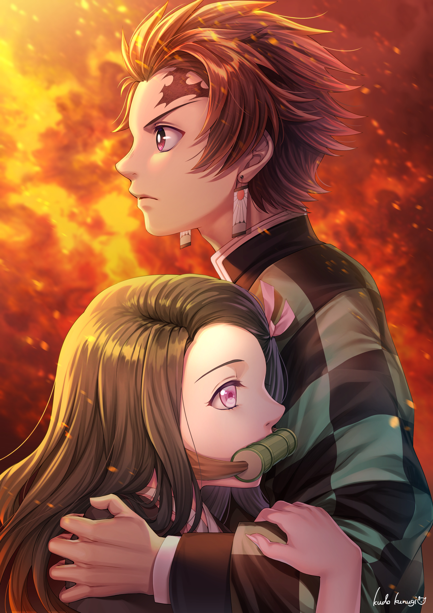 kudo kunugi, kamado nezuko, kamado tanjirou, kimetsu no yaiba, commentary request, highres, 1boy, 1girl, artist name, bamboo, bit gag, black hair, bright pupils, brother and sister, brown hair, checkered haori, closed mouth, earrings, embers, from side, gag, hand on another's shoulder, haori, japanese clothes, jewelry, long hair, long sleeves, pink eyes, profile, purple eyes, scar, scar on face, scar on forehead, short hair, siblings, sidelighting, white pupils