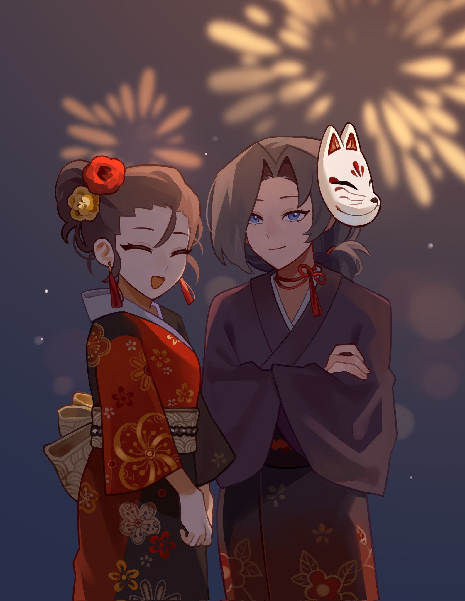 effie (project moon), saude (project moon), limbus company, project moon, highres, 1boy, 1girl, :d, aerial fireworks, alternate costume, black hair, blue background, blue eyes, blue kimono, cgranada316, choker, closed eyes, crossed arms, earrings, fireworks, floral print, floral print kimono, flower, fox mask, japanese clothes, jewelry, kimono, long hair, long sleeves, looking at viewer, mask, mask on head, open mouth, print kimono, red choker, red flower, red kimono, sash, simple background, smile, standing, tassel, tassel earrings, updo, upper body, yellow flower, yellow sash