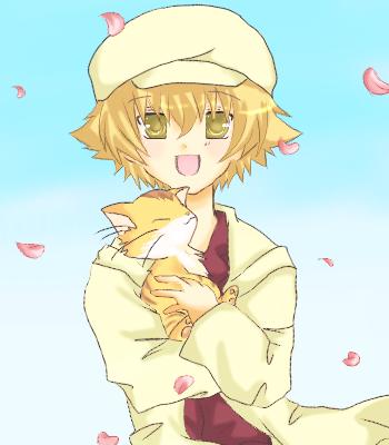 minami to uri to, shima katsuki, clannad, bad id, bad pixiv id, lowres, 00s, 1boy, beret, blonde hair, cat, cherry blossoms, dual persona, gradient background, hat, male focus, newsboy cap, petals, short hair, solo, time paradox, yellow eyes