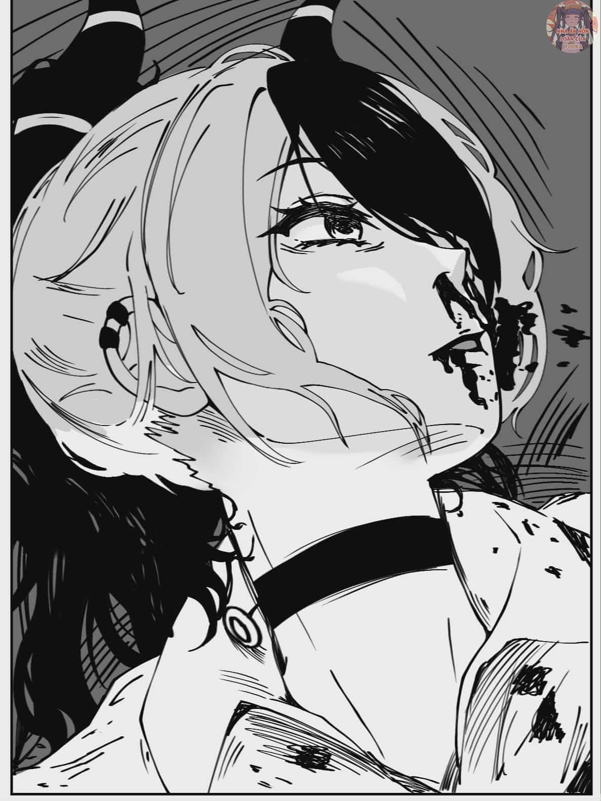 thanh thanh, kayoko (blue archive), reze (chainsaw man), blue archive, chainsaw man, commentary, english commentary, highres, 1girl, blood, choker, collared shirt, cosplay, death, grenade pin, horns, nosebleed, reze (chainsaw man) (cosplay), scene reference, shirt, solo