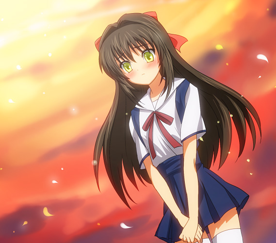 hariyama (toubou tengoku), shima katsuki, clannad, bad id, bad pixiv id, 00s, 1boy, brown hair, crossdressing, crossdressing (mtf), long hair, male focus, school uniform, solo, thighhighs, trap, yellow eyes, zettai ryouiki