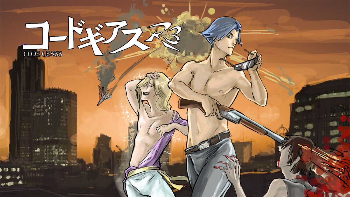 clovis la britannia, lelouch vi britannia, rivalz cardemonde, 4chan, code geass, non-web source, source request, 3boys, aircraft, airplane, blood, crash, death, epic, explosion, fabulous, gun, male focus, manly, multiple boys, open clothes, open shirt, parody, shirt, shotgun, sparkle, sunglasses, topless male, weapon, zombie