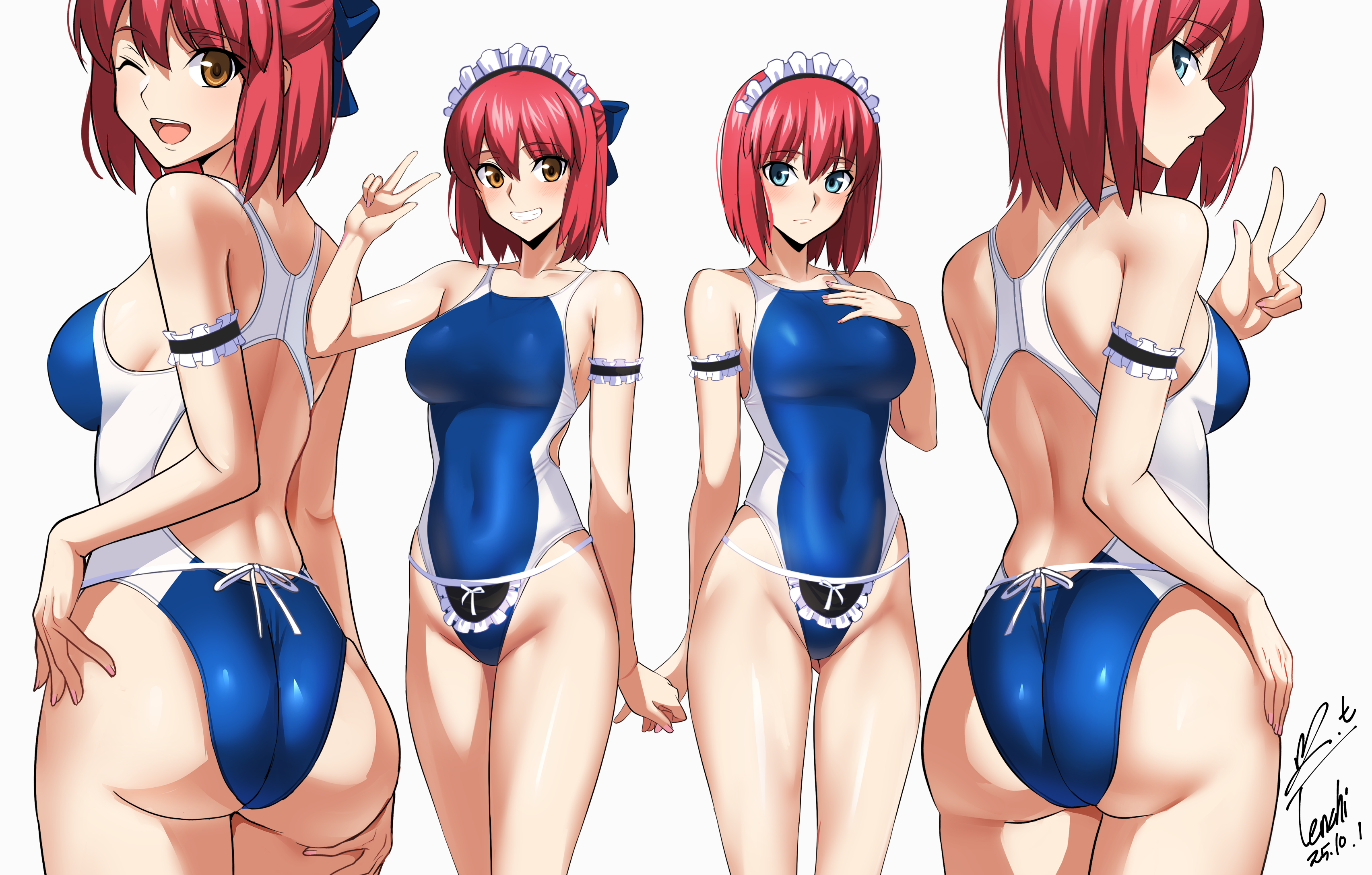 yoo tenchi, hisui (tsukihime), kohaku (tsukihime), tsukihime, absurdres, highres, 2girls, apron, ass, blue eyes, blue one-piece swimsuit, bow, breasts, brown eyes, closed mouth, frilled apron, frills, hair bow, highleg, highleg one-piece swimsuit, looking at viewer, maid, maid apron, maid headdress, multiple girls, multiple views, one-piece swimsuit, one eye closed, racerback, red hair, short hair, siblings, sisters, smile, swimsuit, two-tone one-piece swimsuit, unconventional maid, white background