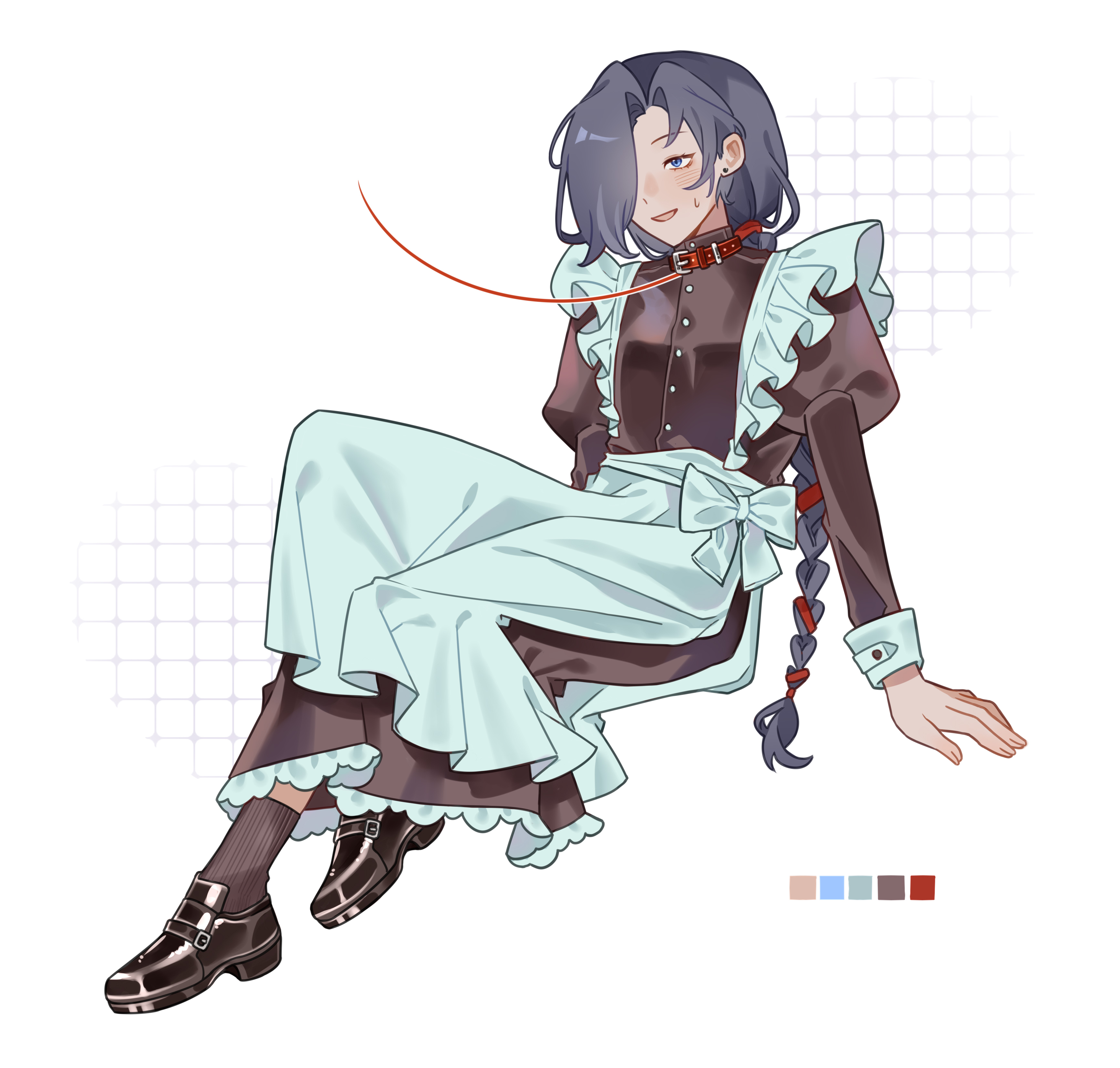 effie (project moon), limbus company, project moon, absurdres, highres, alternate costume, apron, black dress, black hair, black shoes, black socks, blue eyes, bow, braid, cgranada316, collar, crossdressing, crossdressing (mtf), dress, enmaided, full body, juliet sleeves, long sleeves, looking at viewer, maid, maid apron, maid headdress, male maid, puffy sleeves, red collar, red ribbon, ribbon, shoes, simple background, sitting, socks, solo, waist apron, white apron, white background, white bow