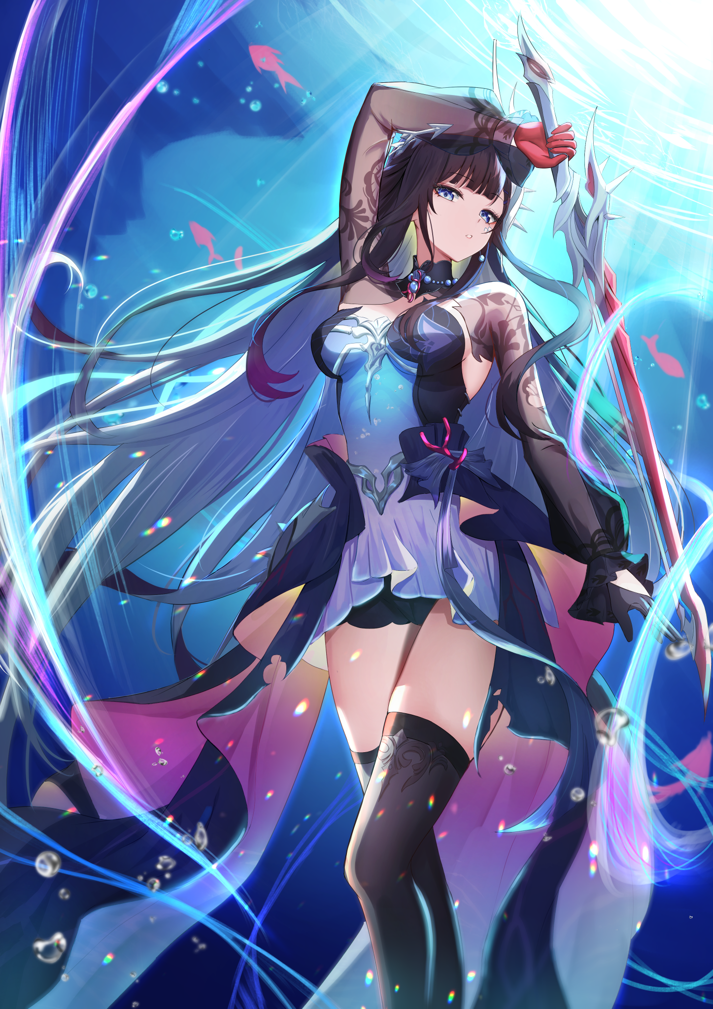 gao kawa, hysilens (honkai: star rail), honkai: star rail, honkai (series), commentary, highres, 1girl, air bubble, arm up, asymmetrical gloves, black gloves, black hair, black thighhighs, blue eyes, breasts, bubble, dress, fish, floating hair, gloves, holding, holding sword, holding weapon, jewelry, lens flare, light particles, light rays, light trail, long hair, long sleeves, looking at viewer, medium breasts, mismatched gloves, multicolored dress, necklace, ocean, parted lips, pearl necklace, purple dress, red gloves, see-through clothes, see-through sleeves, shrug (clothing), sidelocks, solo, sword, thighhighs, thighs, two-sided dress, two-sided fabric, underwater, very long hair, water, weapon