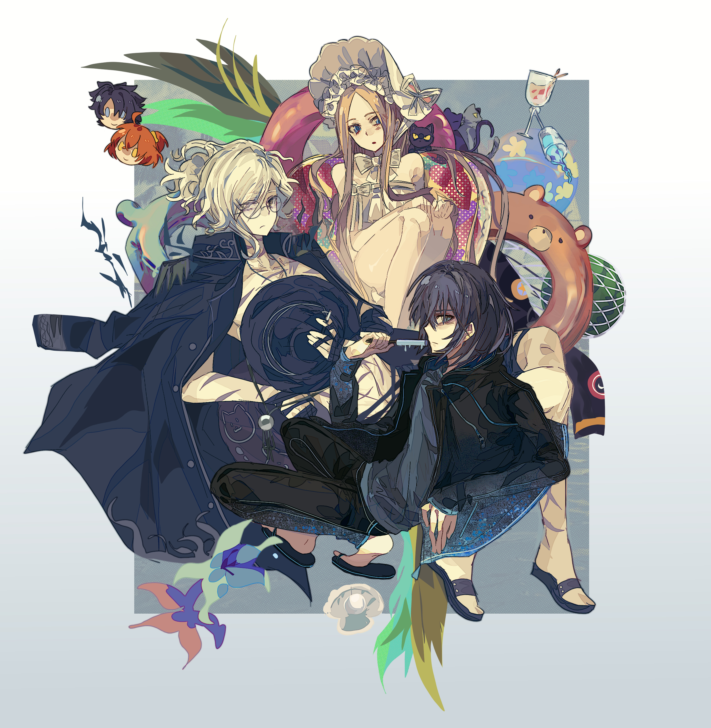abigail williams (fate), abigail williams (swimsuit foreigner) (third ascension) (fate), edmond dantes (fate), edmond dantes (monte cristo selection) (fate), fujimaru ritsuka (female), fujimaru ritsuka (male), oberon (fate), oberon (moody summer oberon) (fate), oberon (third ascension) (fate), fate/grand order, fate (series), abigail williams (swimsuit foreigner) (fate), absurdres, highres, 2girls, 3boys, :o, asymmetrical hair, ball, bandaged hand, bandages, beachball, black cat, black coat, black hat, black jacket, black male swimwear, black sandals, blonde hair, blue eyes, bonnet, cat, cigarette, clam, closed mouth, coat, coat on shoulders, cross scar, cup, drawstring, epaulettes, eyes visible through hair, food, frown, full body, glasses, hand on own knee, hat, holding, holding cigarette, holding food, holding popsicle, holding unworn clothes, holding unworn hat, hood, hood down, hooded jacket, innertube, innertube with ears, jacket, jewelry, knees up, long hair, long sleeves, looking at viewer, male swimwear, melting popsicle, multiple boys, multiple girls, necklace, open clothes, open jacket, ponytail, popsicle, round eyewear, sandals, scar, scar on arm, scar on chest, scar on neck, scars all over, shoe dangle, short hair, sitting, swim ring, swim trunks, too many, topless male, unworn hat, unworn headwear, yinjian chuzi