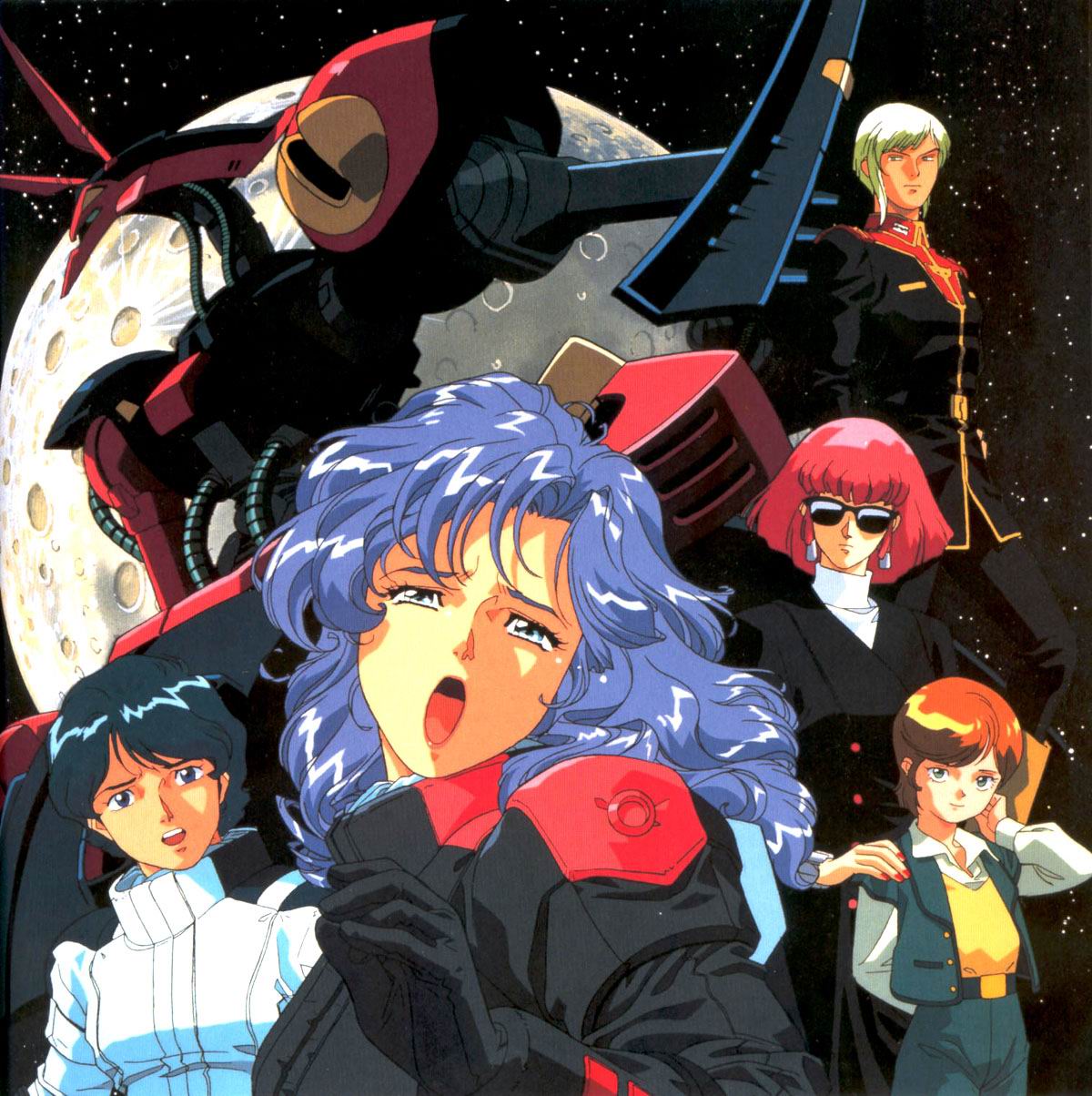 kitazume hiroyuki, baund doc, gates capa, haman karn, kamille bidan, mineva lao zabi, rosamia badam, gundam, zeta gundam, pilot suit, 1980s (style), highres, 2boys, 3girls, blue eyes, green eyes, mecha, mecha pilot suit, multiple boys, multiple girls, normal suit (gundam), oldschool, open mouth, orange hair, pink hair, purple hair, retro artstyle, robot, space, sunglasses, tears