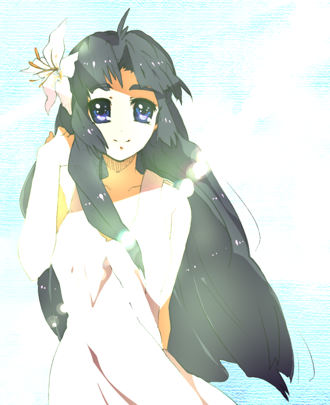 tashimo, asakura ryoko, suzumiya haruhi no yuuutsu, 00s, blue eyes, blue hair, casual, dress, flower, hair flower, hair ornament, hibiscus, long hair, solo