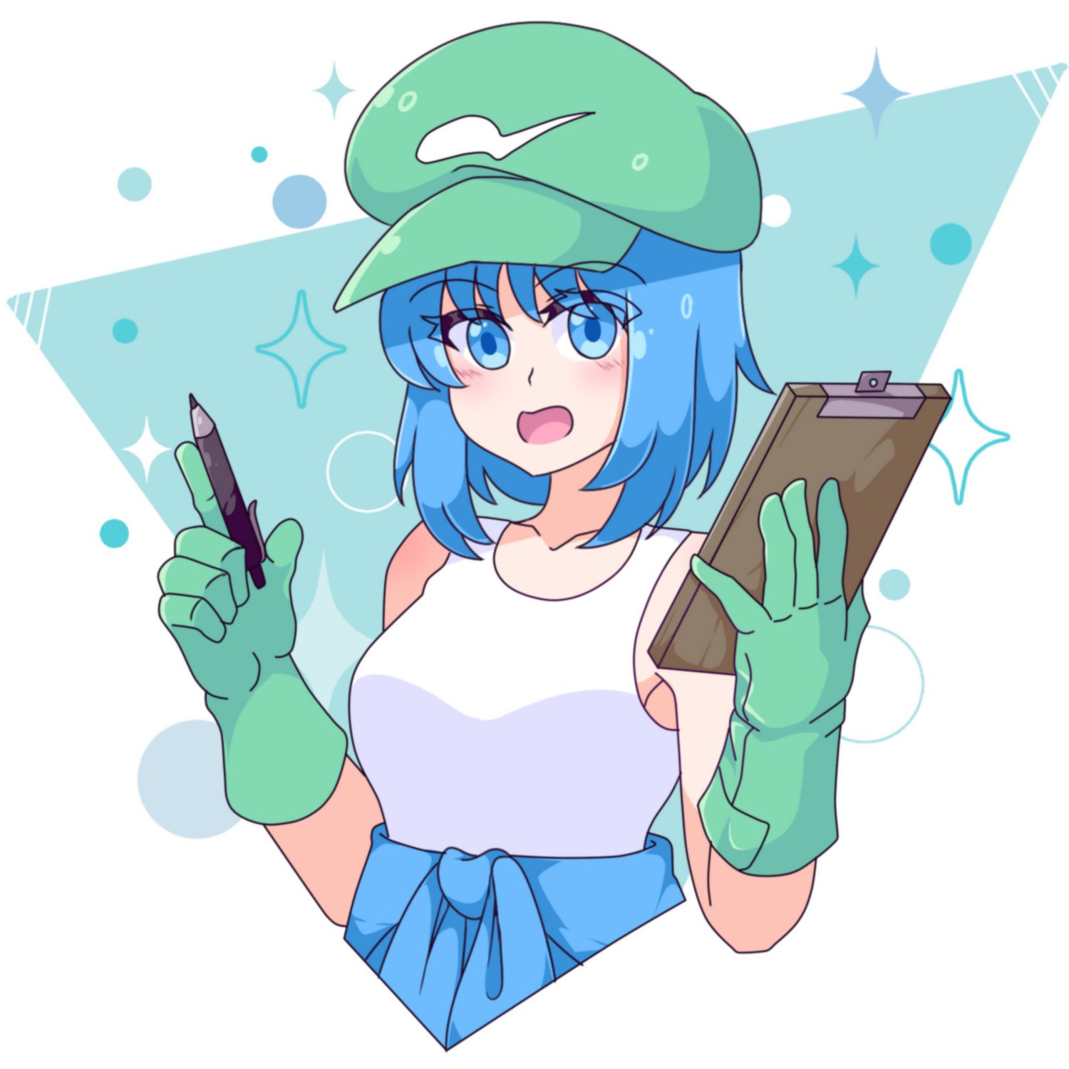 neferkitty, kawashiro nitori, touhou, commentary, english commentary, highres, 1girl, alternate costume, blue eyes, blue hair, blush, breasts, flat cap, green hat, hair ornament, hat, kappa, looking at viewer, open mouth, shirt, short hair, smile, solo