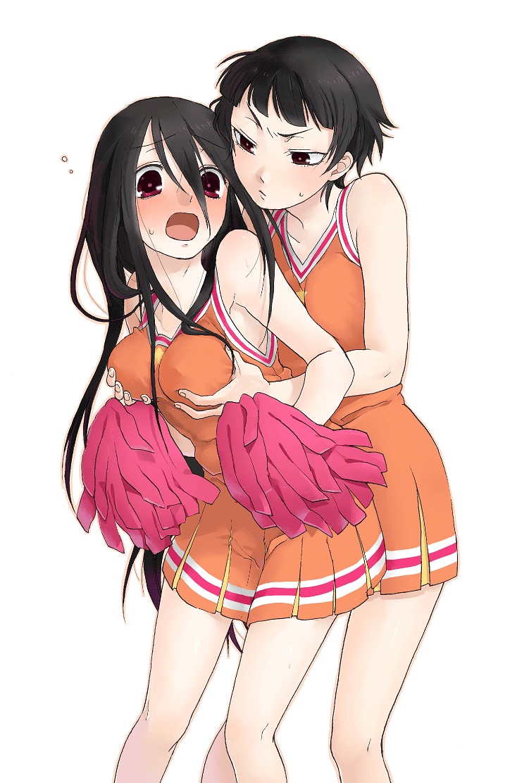 momo uzura, komori kiri, tsunetsuki matoi, sayonara zetsubou sensei, bad id, 00s, 2girls, blush, breast envy, breasts, cheerleader, grabbing another's breast, groping, looking at breasts, medium breasts, multiple girls, pom pom (cheerleading), simple background, sweat, white background, yuri