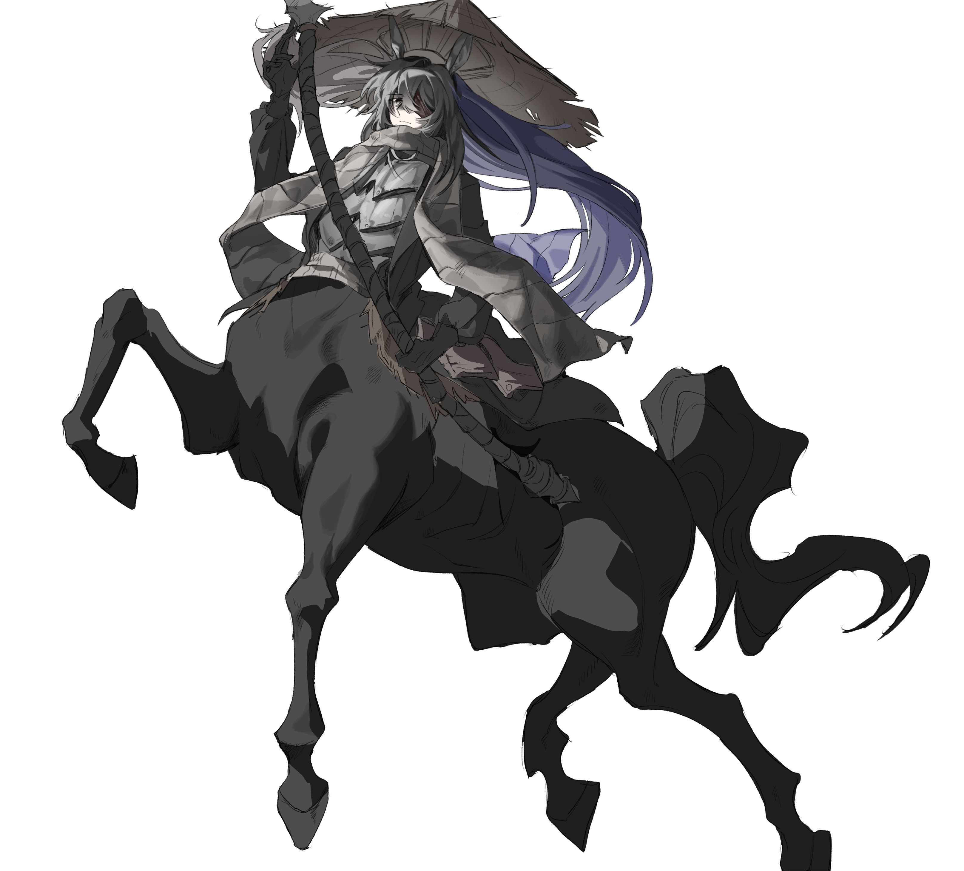 yi sang (project moon), limbus company, project moon, absurdres, highres, 1boy, animal ears, armor, bandage over one eye, black eyes, black hair, centaur, conical hat, full body, grey hanfu, grey scarf, heishou pack-wu branch (identity) (project moon), holding, holding weapon, horse ears, ideal u u, long hair, looking at viewer, male focus, scarf, simple background, solo, standing, taur, weapon, white background