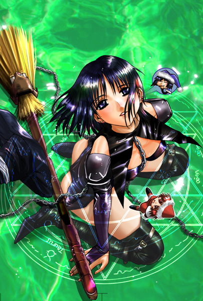 rikudou koushi, phio, piola, holy brownie, 2girls, blue eyes, blue hair, broom, chain, hat, hexagram, looking up, magic circle, multiple girls, sitting, thighhighs, witch hat