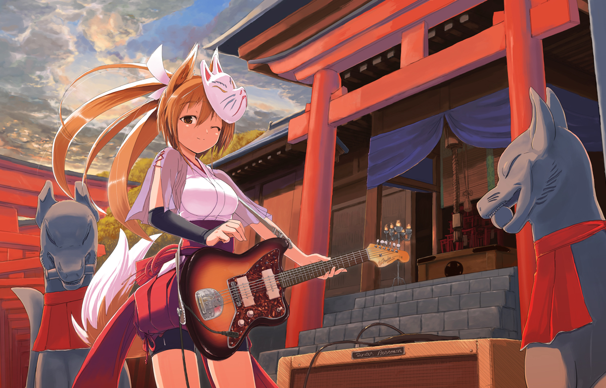 kaito (k4itoh), inari, original, bad id, bad pixiv id, 1girl, amplifier, animal ears, bike shorts, box, brown hair, cable, cloud, cloudy sky, donation box, female focus, fox ears, fox mask, fox statue, fox tail, guitar, hair ribbon, instrument, japanese clothes, kimono, long hair, mask, multiple torii, one eye closed, plant, ponytail, ribbon, shrine, shrine bell, sky, smile, solo, statue, sunset, tail, torii, wink, yukata