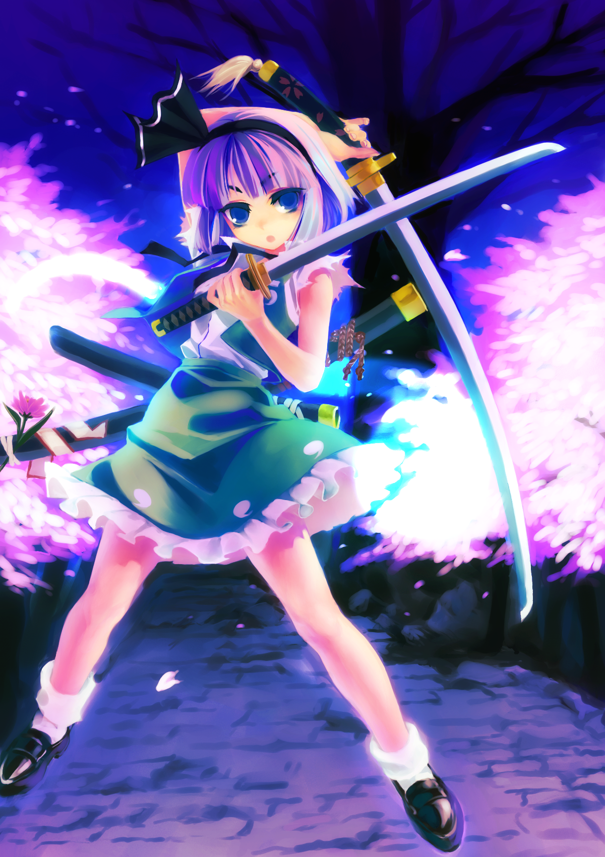 yuuki keisuke, konpaku youmu, konpaku youmu (ghost), touhou, silver hair, highres, 1girl, blue eyes, dual wielding, female focus, hairband, hitodama, holding, katana, short hair, solo, sword, tanto, weapon