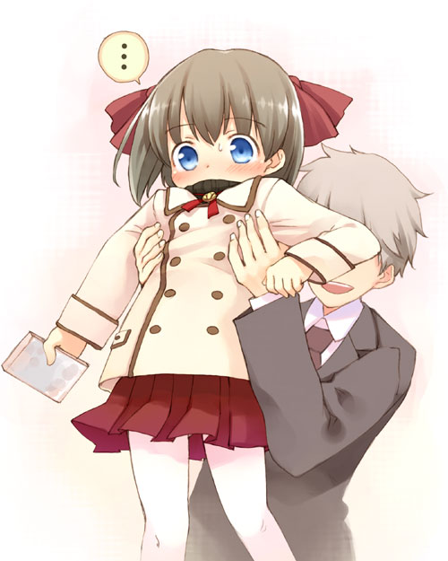 kito (sorahate), bad id, bad pixiv id, …, 1boy, 1girl, blue eyes, blush, brown hair, child, lifting person, pantyhose, short hair, skirt, white pantyhose
