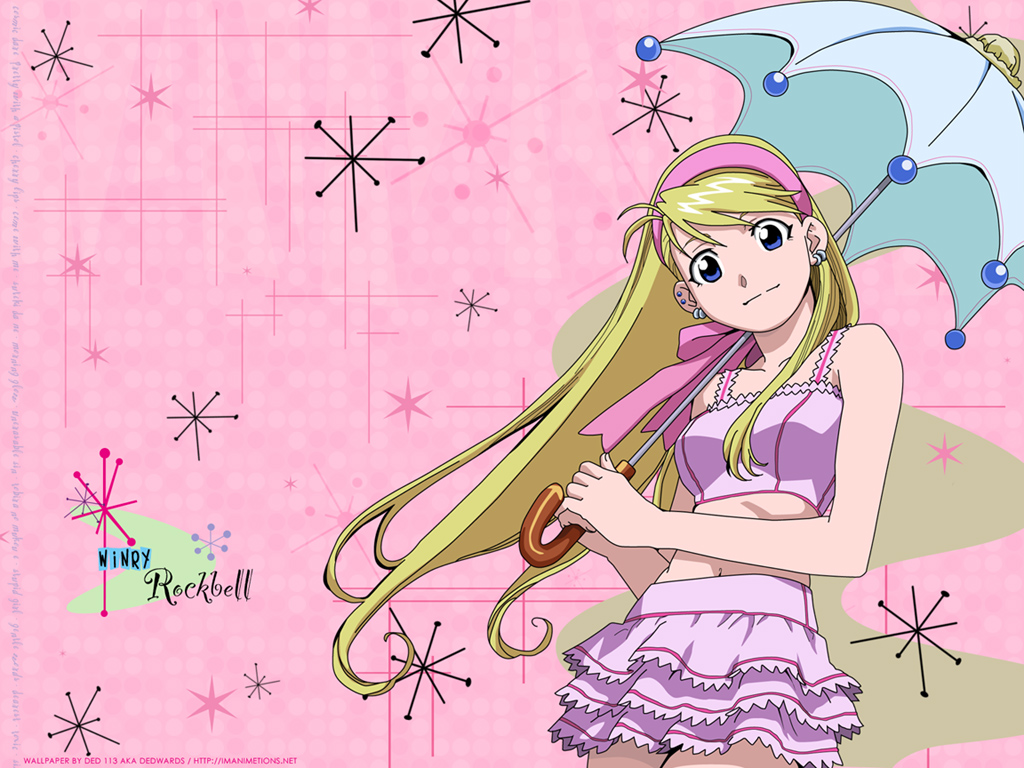 winry rockbell, fullmetal alchemist, third-party edit, 00s, blonde hair, blue eyes, hairband, long hair, skirt, umbrella