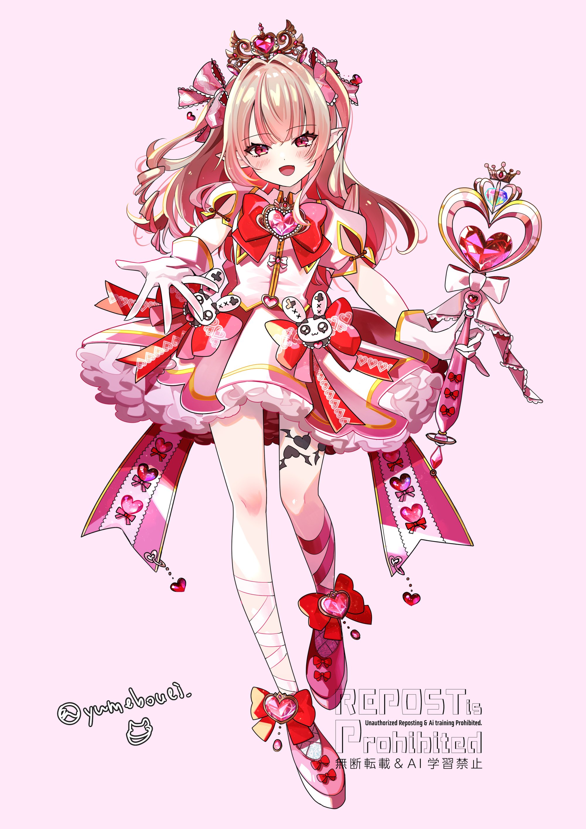 makako (yume bouei shoujo tai), makaino ririmu, nijisanji, absurdres, highres, 1girl, alternate costume, back bow, bow, brooch, brown hair, full body, gloves, hair bow, heart, heart brooch, heart wand, holding, holding wand, jewelry, leg ribbon, long hair, magical girl, outstretched arm, outstretched hand, petticoat, pink background, pink eyes, pink shoes, pink skirt, platform shoes, pointy ears, puffy short sleeves, puffy sleeves, red bow, ribbon, shoes, short sleeves, simple background, skirt, smile, solo, tattoo, tiara, twitter username, two side up, virtual youtuber, wand, white gloves, winged heart, winged heart tattoo