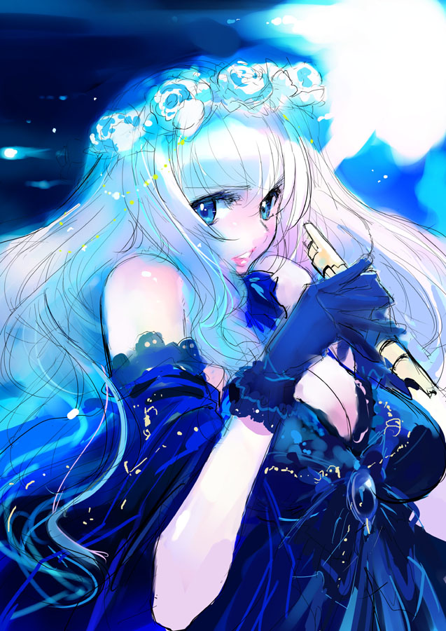 matsumoto noriyuki, sheryl nome, macross, macross frontier, 00s, 1girl, blue eyes, blue theme, breasts, cleavage, female focus, gloves, large breasts, long hair, looking at viewer, microphone, solo, upper body